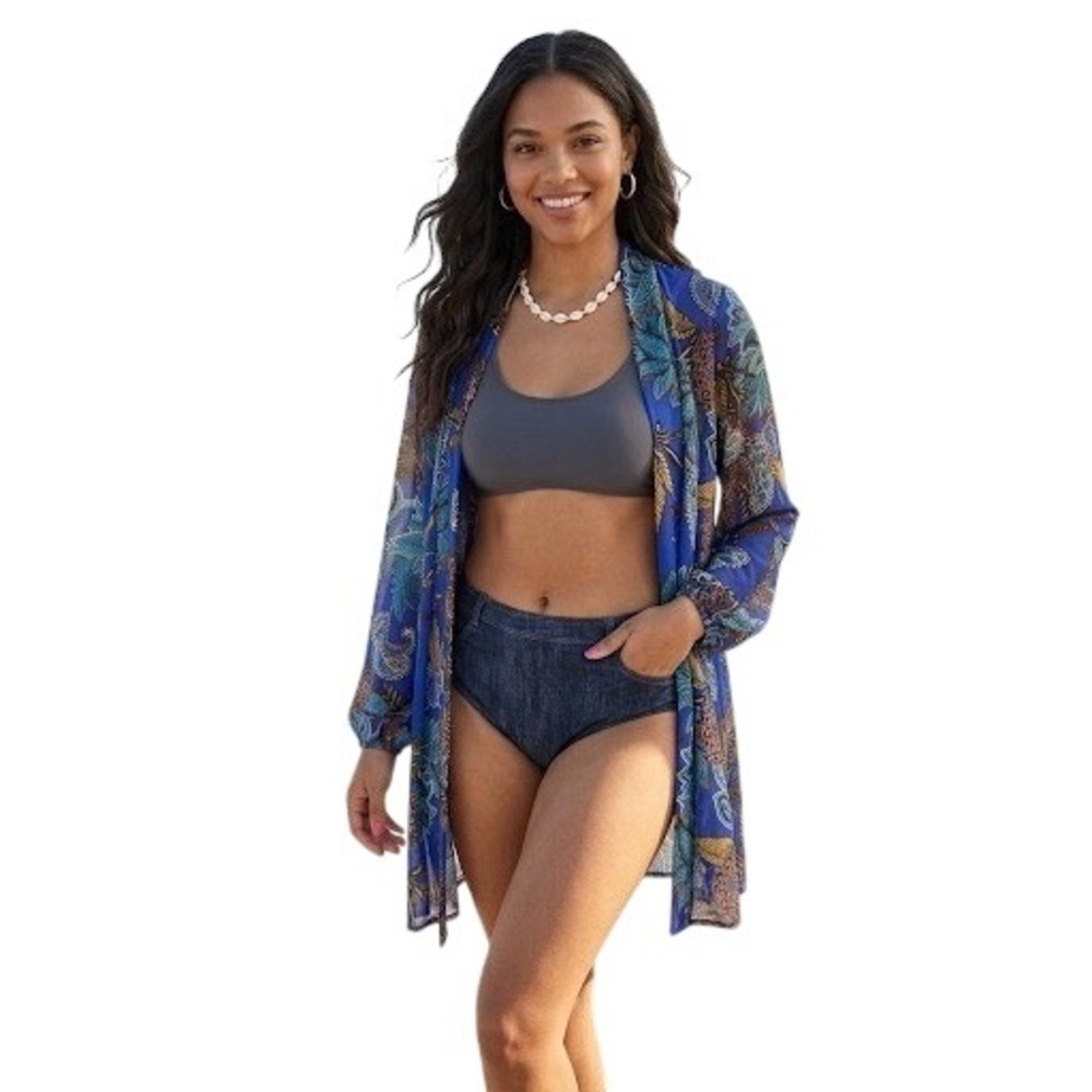 Susan Graver Blue Paisley Floral Mesh Open Front Cardigan Kimono Size Medium